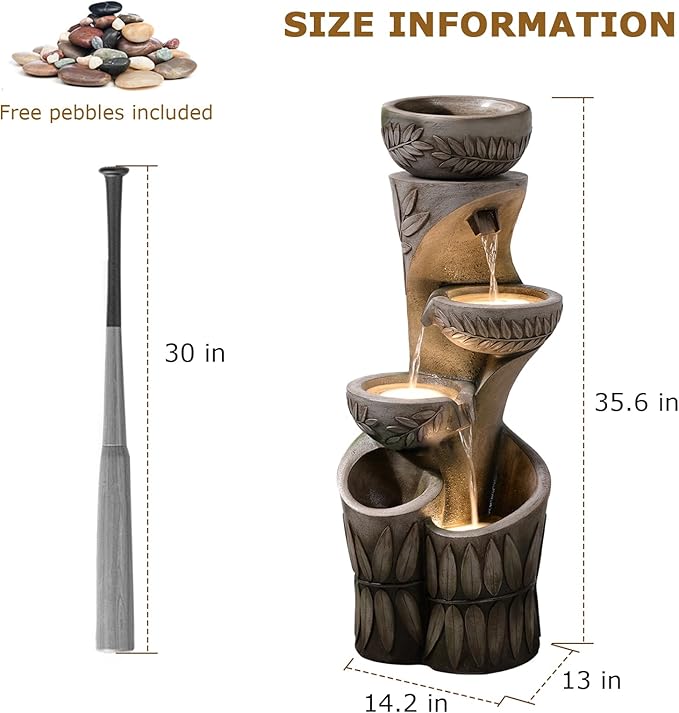 4 Tiered Water Fountain Outdoor, 35.6" Tall Cascading Bowl Leaf Carved Outdoor Waterfall Fountains Modern Water Feature with Dual Planters for Garden, Patio,Deck, Yard, Indoor Decor