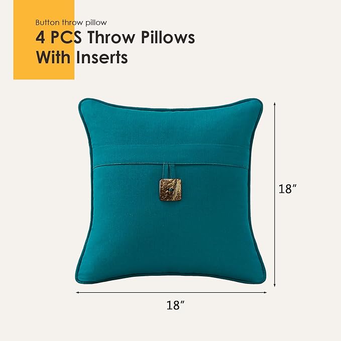 Outdoor Sunbrella Decorative Pillows with Coconut Button Pack of 4, 18" x 18" Outdoor Pillow Set for Couch Bed Throw Patio Sofa, Spectrum Peacock