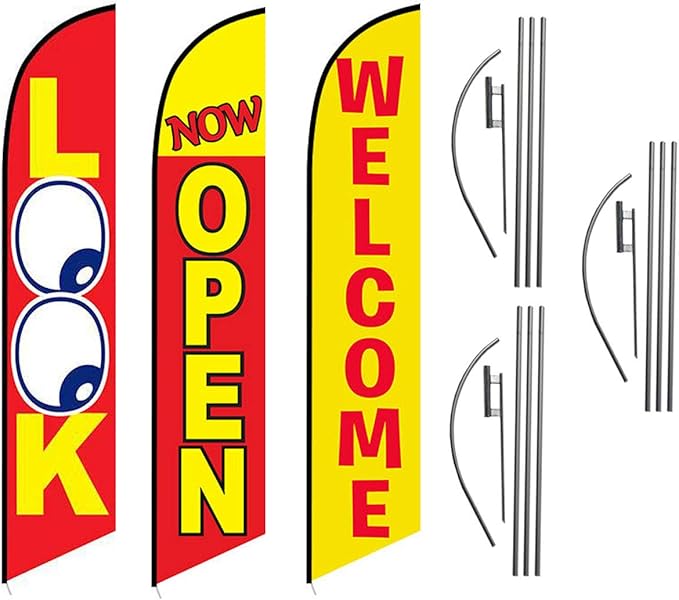 Look Now Open Welcome Red Yellow Advertising 15ft Feather Flag Kits Package, Includes 3 12ft Banner Flags, 3 14ft Flag Poles, and 3 Ground Stakes by Feather Flag Nation