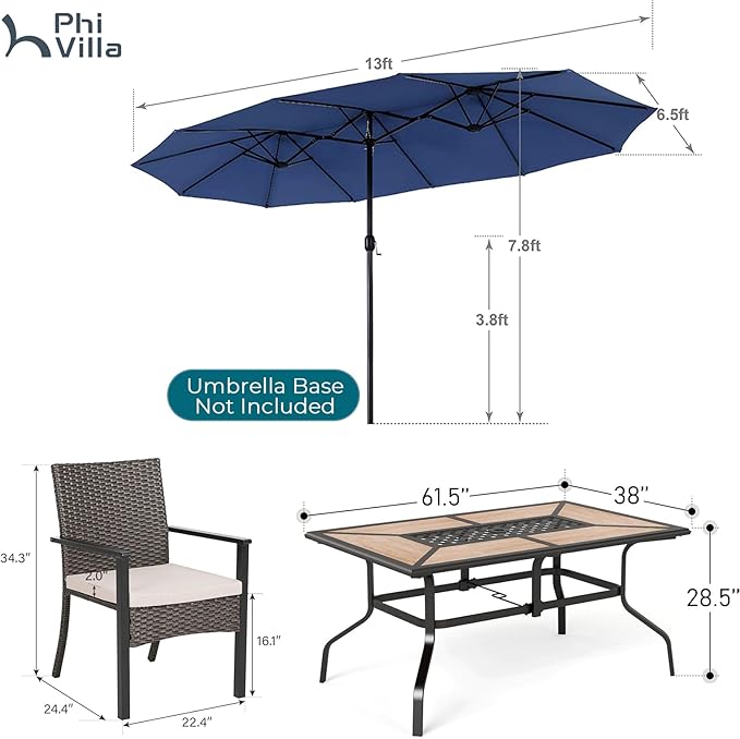 PHI VILLA 7 Pieces Outdoor Dining Set with Umbrella for 6, Rectangular Wood-Top Metal Table & Wicker Chairs with Cushions & 13ft Blue Umbrella, Modern Dining Furniture Set for Patio,Deck,Backyard