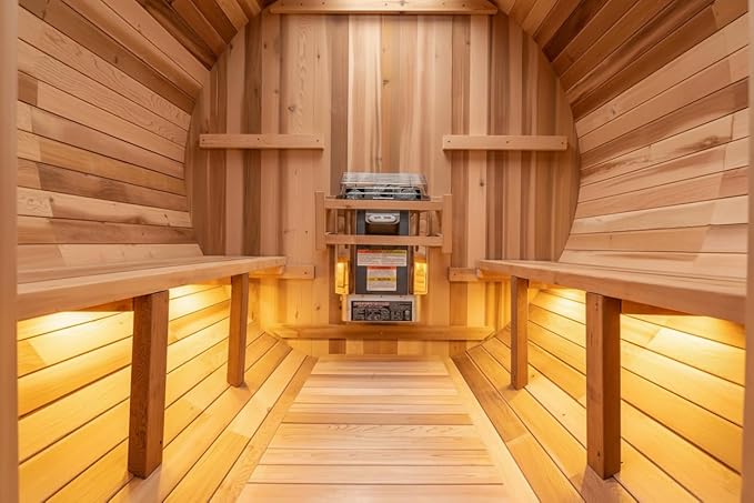 Fully Customize Barrel Sauna 4-8 Person, Hybrid Heating Option, Canadian Red Cedar, Glass Window Option, Scenic Porch, Wood Burning Stove,Harvia Heaters, Infrared Sauna,Red Light Therapy Device