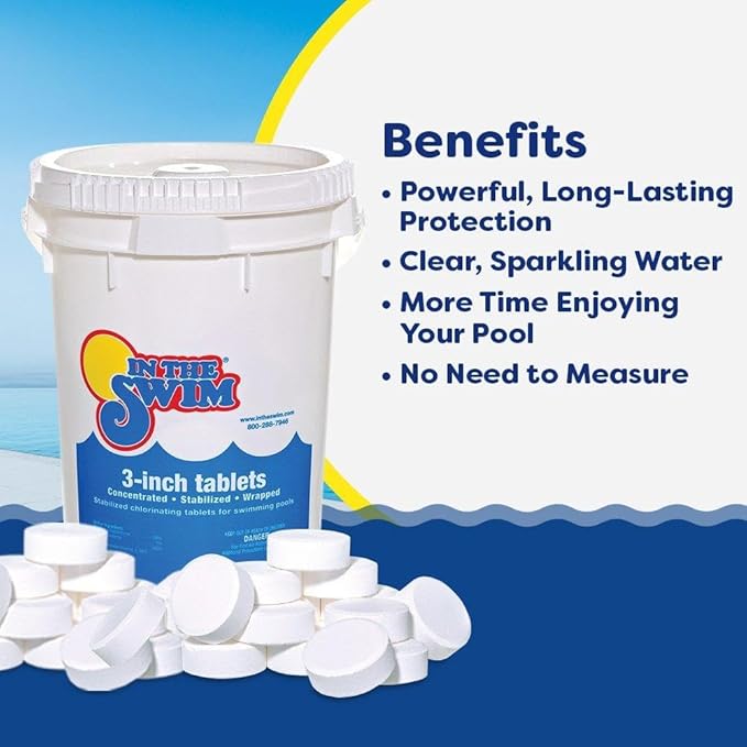 In The Swim Basic Chemical Value Kit and Chlorine Bundle - Pre-Measured Kit for Seasonal Maintenance - 10lb Bucket 3-Inch Chlorine Tablets - Inground and Above Ground Pools Up to 7.5K Gallons