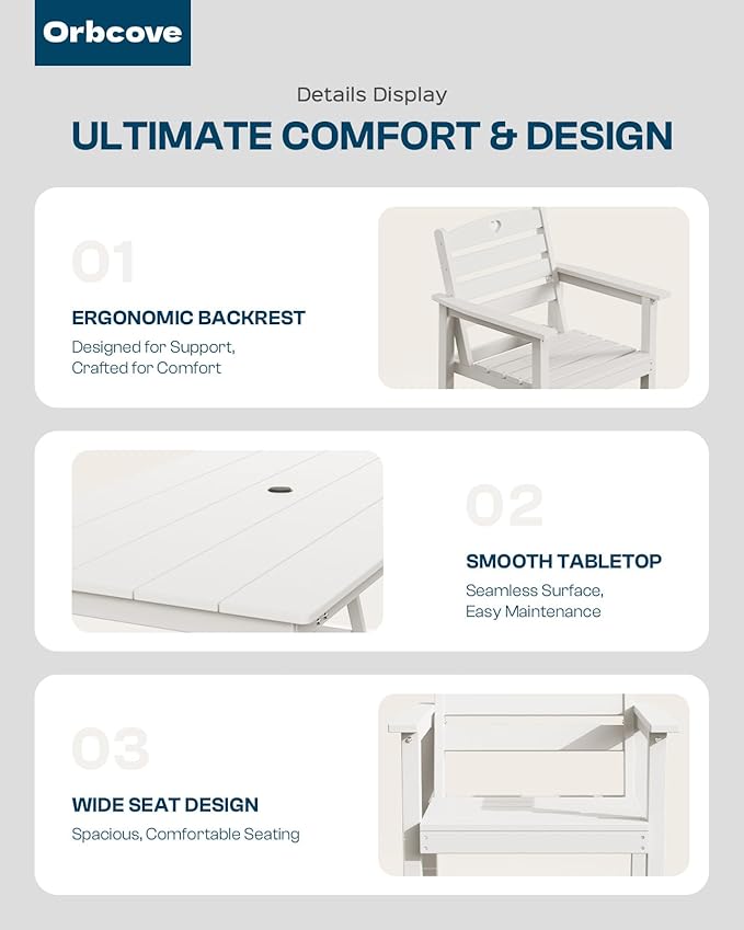 Patio Table and Chairs Set with Umbrella Hole, HDPE Patio Dining Set for 4, Outdoor Dining Set for Lawn, Patio, Porch, Deck, Poolside, Yard (White, 5-Piece)