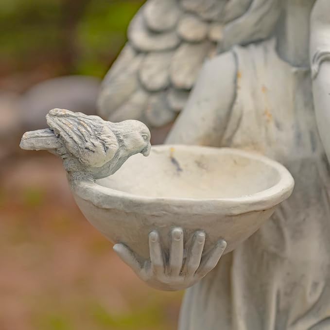 Zaer Ltd. 39" Tall Magnesium Angel Statue Figurines for Outdoor and Indoor Use (Holding a Birdbath Jazmin, Antique White)