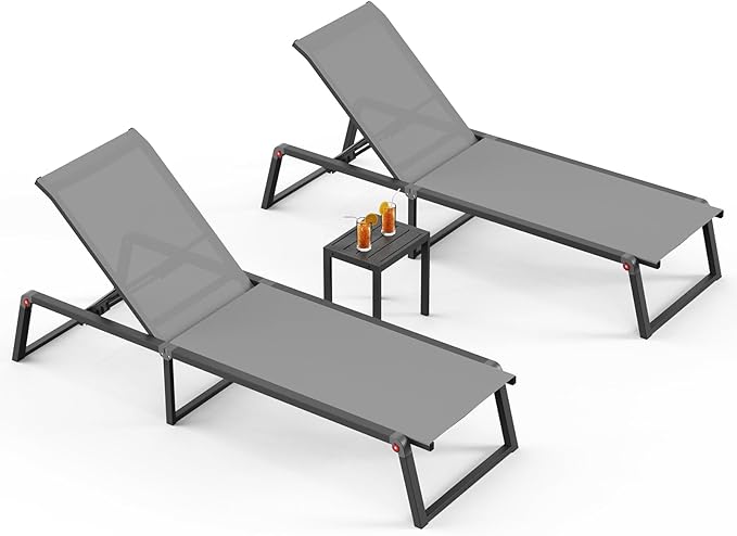 Aluminum Patio Chaise Lounge Set of 2 with 1 Side Table, Foldable Outdoor Pool Lounge Chairs 5-Position Recliner for Outside Poolside, Fully grounded legs Sun Lounger for Beach, Yard, Dark Gray