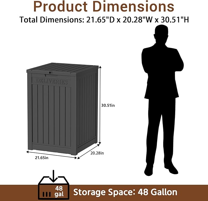 48-Gallon Lockable Outdoor Delivery Box, High-Density Resin Storage Chest with Wood Grain Finish, Weatherproof for Porch, Balcony, and Garage Storage, Black