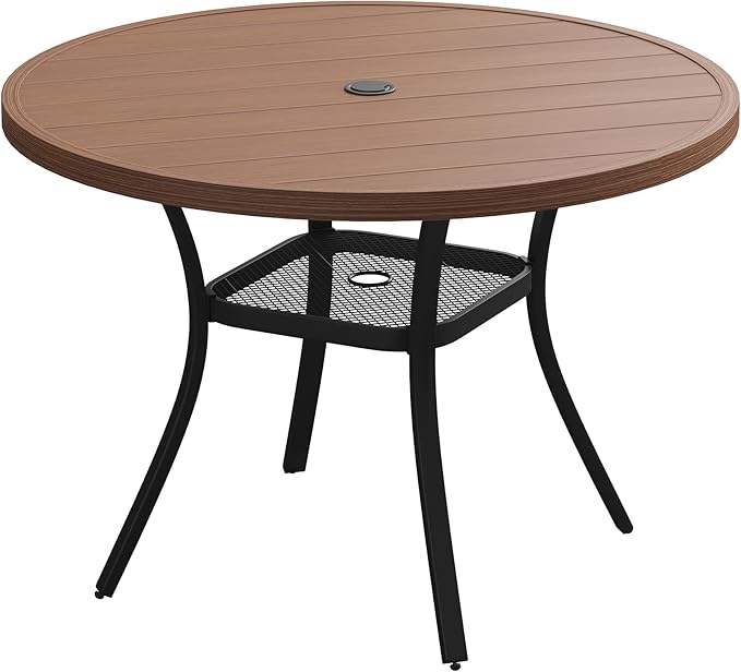 VICLLAX Outdoor Patio Round Dining Table, 41"x 41" Metal Slatted Round Tabletop with Adjustable Umbrella Hole for Deck Lawn Garden Backyard, Walnut