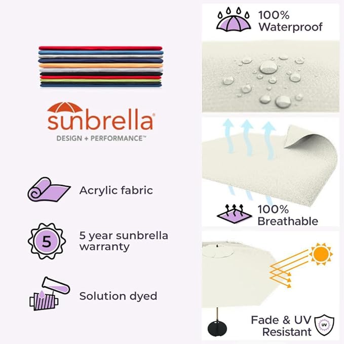 Midtown Umbrellas The Swilt 9 Feet Patio Umbrella in Sunbrella Canvas Natural Acrylic Fabric - Fiberglass Ribs, Auto-Tilt Aluminum Frame For Backyard, Deck, Garden, Pool - White Pole