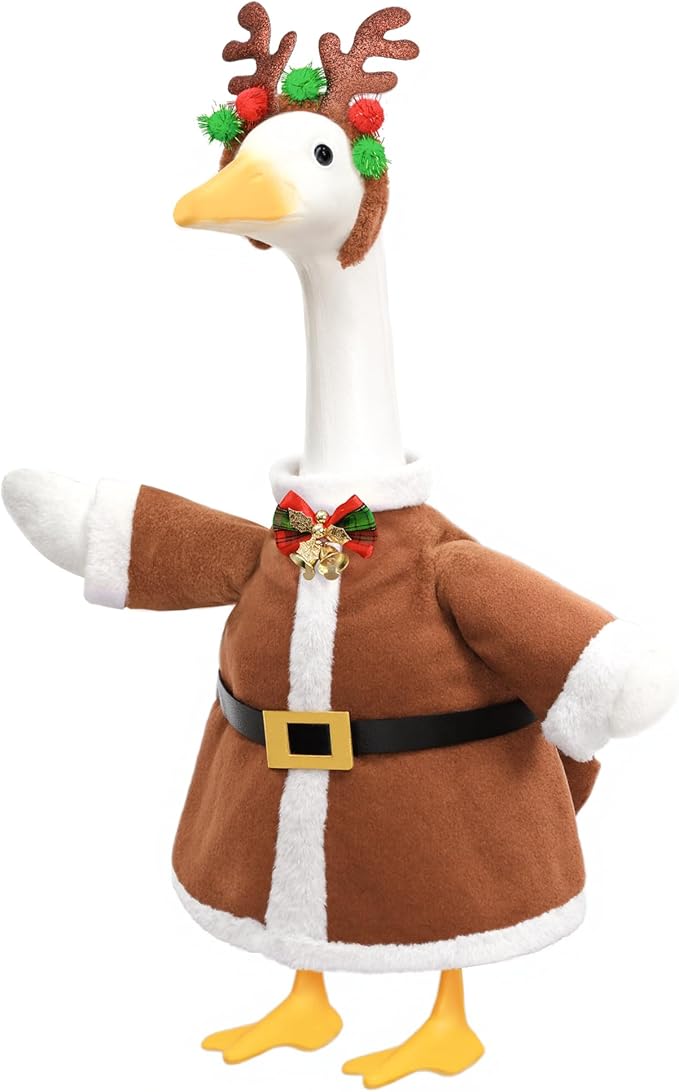 Christmas Porch Goose Outfit for Large 23" High Cement or Plastic Goose Statue, Yard Goose Cloths with Deer Antler Headband, Bell Bow Tie Decor for Outdoor Lawn Gaden Patio
