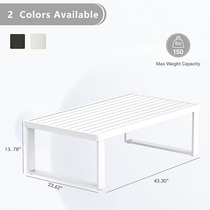 Aluminum Outdoor Coffee Table - White Rectangle Patio Tables for Deck, and Poolside
