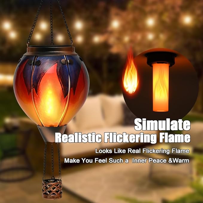 Hot Air Balloon Solar Lantern - Simulated Flickering & Dancing Flame Glass Lantern , Outdoor Hanging Yard Light Waterproof IP65 for Garden Patio Lawn Porch Decor Gift