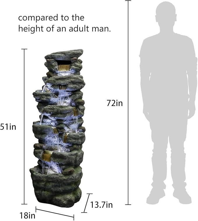 SunJet 51" High Multi-Tiers Cascading Rock Outdoor Water Fountain with LED Lights - Large Outdoor Resin Fountains and Waterfalls for Garden or Patio, Yard, Deck Decor, Featuring Natural Stone Look