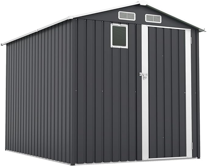 6x8 FT Outdoor Metal Storage Shed with Lockable Door, Steel Garden Utility Shed with Vents and Window, Backyard Patio Tool Shed for Lawn Equipment, Bike, Firewood and Mower Storage, Gray
