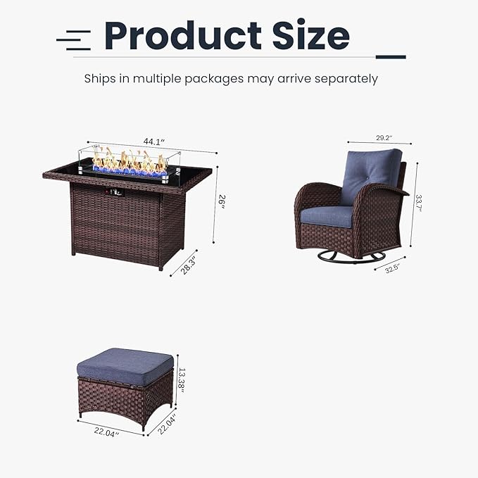 7 Pieces Patio Furniture Sets with Fire Pit Table, Wicker Rattan High Back Outdoor Swivel Rocking Chairs Set with Side Table