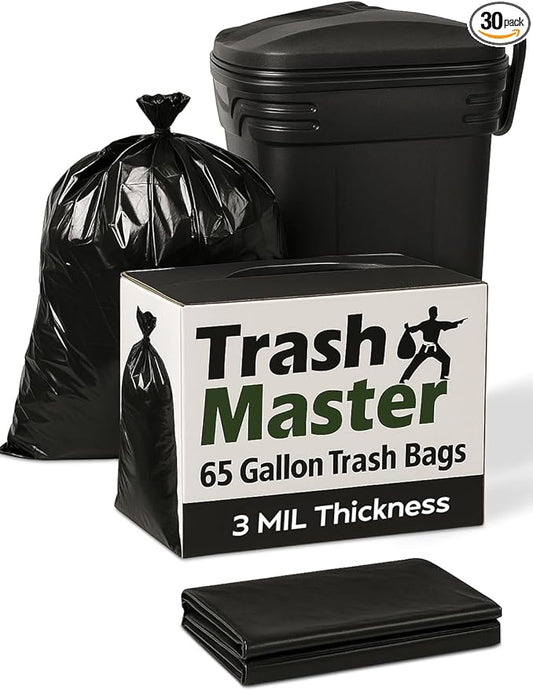 65 Gallon Contractor Heavy Duty Garbage Bags | 30 Bags w/Ties | X-Large 3 MIL Thickness | For Large Commercial Jobs | Construction Clean Up | Trash bags for Yard Clean up - TrashMaster (30)