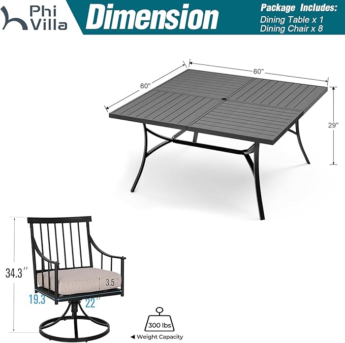 PHI VILLA 9 Pieces Outdoor Dining Table Set for 8, 60” Square Wrought Iron Table & Heavy-Duty Steel Swivel Chairs with Cushions, Large Dining Furniture Set for Patio, Deck, Yard, Porch