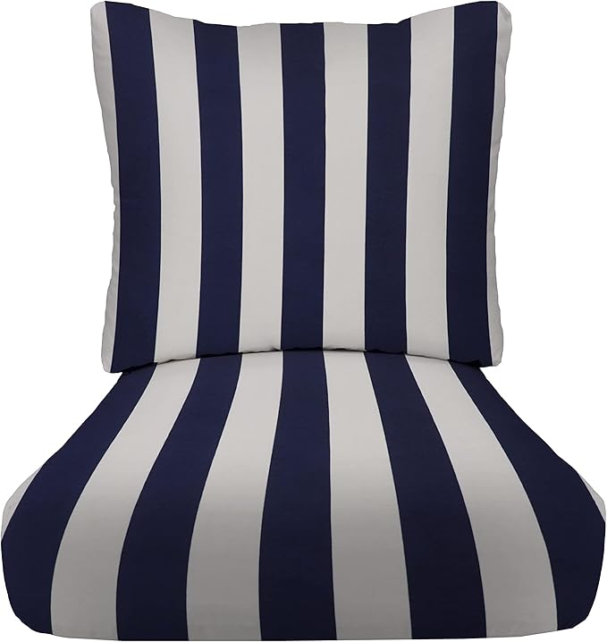 RSH DECOR Deep Seating Cushion with Pillow Back | 23.5” x 25” x 5" Seat | Water and Fade-Resistant Spun Fabric | Made in USA | Outdoor Chair Cushion Set for Patio Furniture (Navy Blue & White Stripe)