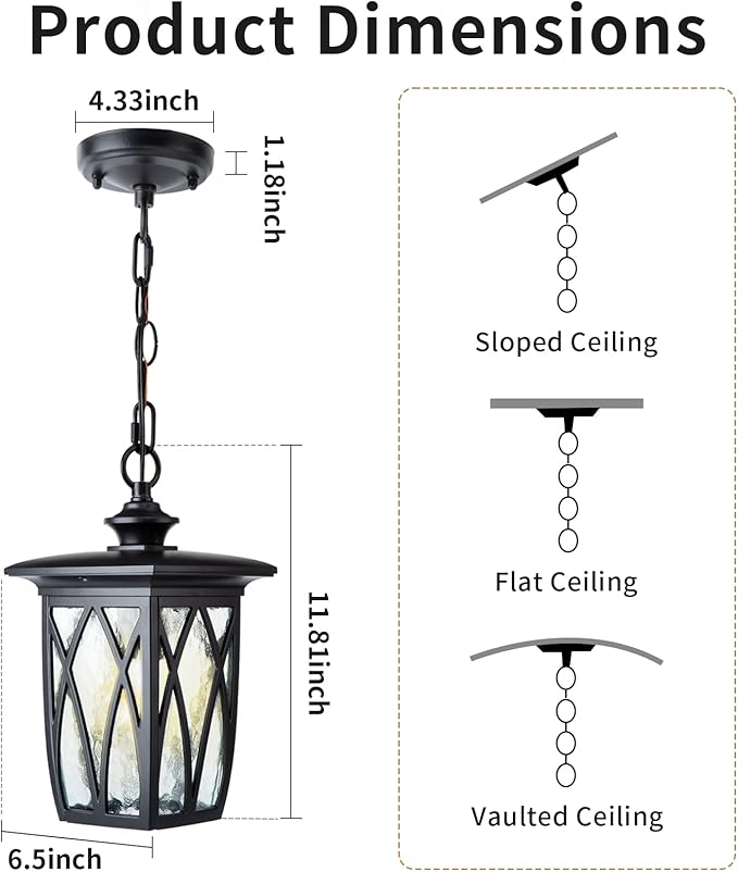 12'' Outdoor Pendant Light Fixture, Exterior Hanging Lantern, Modern Black Metal Outside Chandelier Light Fixture Ceiling Mount with Water Ripple Glass & Adjustable Chain for Porch, Gazebo, Front Door