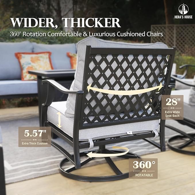 HERA'S HOUSE 4 Pieces Patio Furniture Set with Fire Pit Table, 2 x Rocking Chair, 3-Seat Sofa with 45" Fire Pit Table, Outdoor Conversation Set for Garden Poolside Backyard, Grey