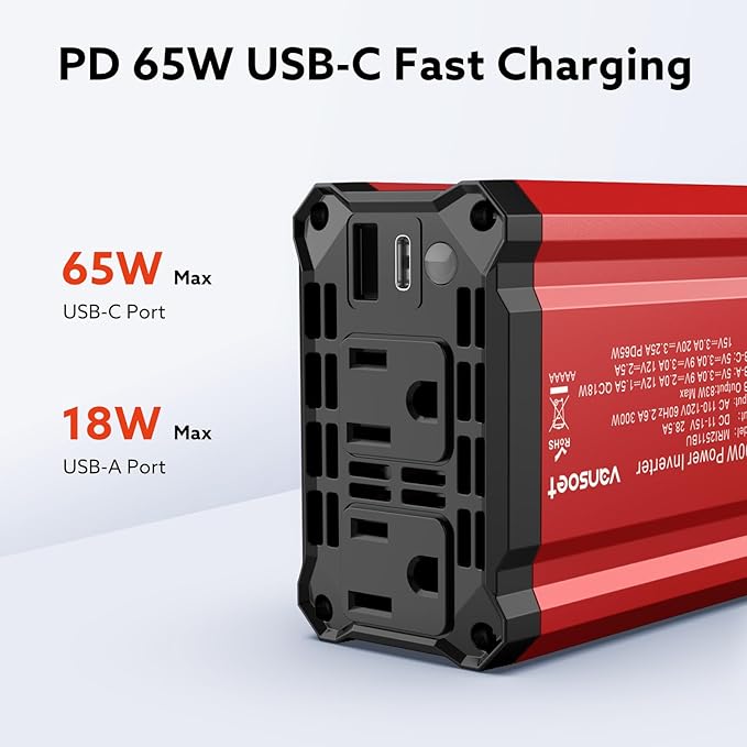 300W Car Power Inverter - Fast Charging PD 65W USB-C & QC3.0 Ports - 12V DC to 110V AC Converter for Vehicles with Multi-Protection