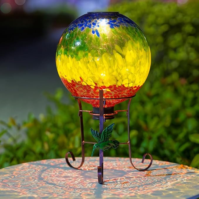 Stargarden Solar Powered Gazing Ball, 10 Inch Glass Gazing Globe, Decorative Gazing Balls with Metal Ball Stand, Colorful Solar Globes for Patio, Lawn, Garden Decor