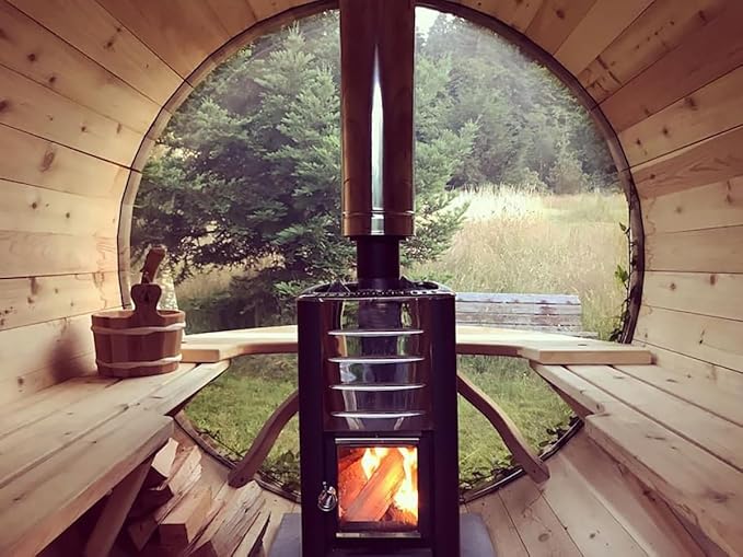 ZONEMEL Barrel Steam Sauna Room with Panoramic View, Canadian Red Cedar Outdoor Sauna with Wood Shingle Roof, Wood-Fired Stove, 8 Person, 8mm Tempered Glass