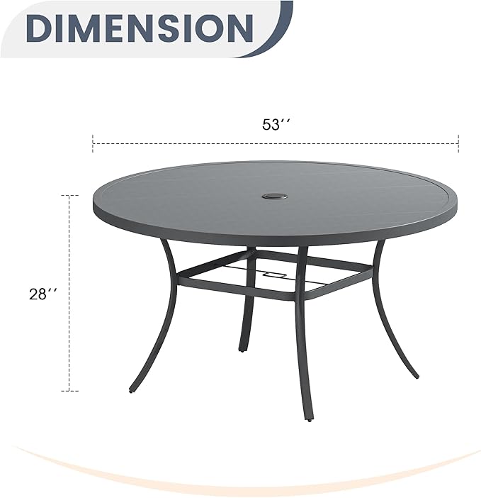 VICLLAX 53" Round Patio Dining Table for 6-8, Metal Outdoor Dining Table with Umbrella Hole for Garden, Patio, Balcony, Dark Grey