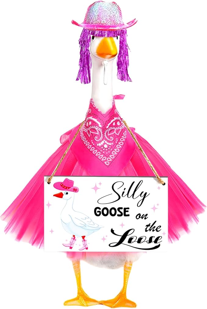 Cowboy Porch Goose Outfit Set for 23" Cement/Plastic Lawn Goose Statue - Silly Goose on The Loose Sign with Hat, Bandana, Lace Tutu Skirt Funny Wigs for Garden Party Yard Outdoor Decor