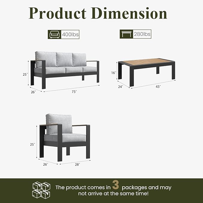 LayinSun 4 Piece Aluminum Outdoor Furniture Set with Coffee Table, Outside Patio Deep Seating Conversation Set with Upgraded Washable Thick Cushion