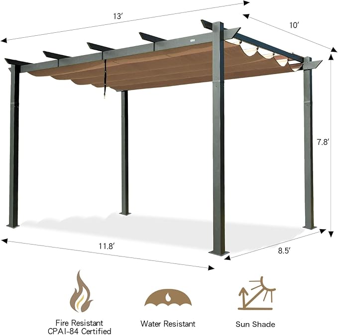 Domi Outdoor Living 10’ X 13’ Outdoor Retractable Pergola with Weather-Resistant Canopy Aluminum Garden Pergola Patio Grill Gazebo for Courtyard