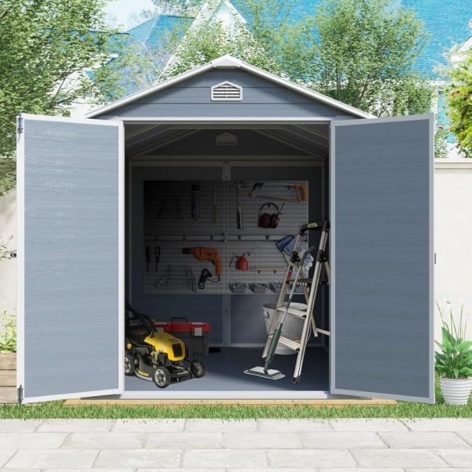 8 x 6 FT Outdoor Storage Shed with Window, Outside Garden Resin Sheds w/Floor and Lockable Doors, Waterproof Plastic Tool House for Backyard, Garden, Patio, Lawn, Bike Accessories, Grey
