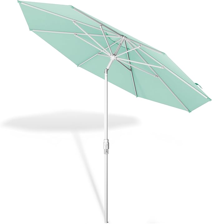 Midtown Umbrellas The Swilt 9 Feet Patio Umbrella in Sunbrella Canvas Glacier Acrylic Fabric - Fiberglass Ribs, Auto-Tilt Aluminum Frame For Backyard, Deck, Garden, Pool - White Pole