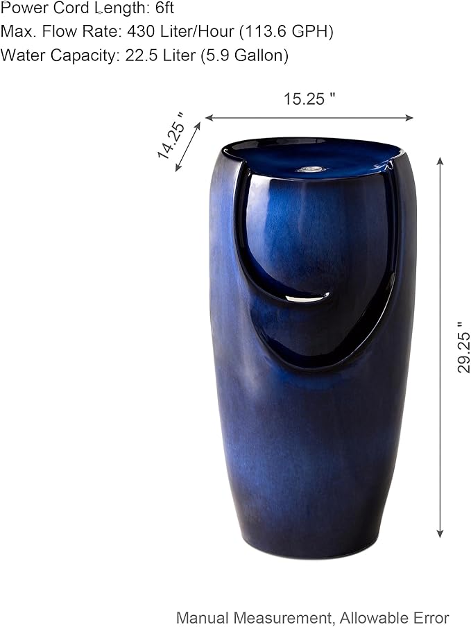 Glitzhome 29.25" H Oversized Ceramic Vase Outdoor Water Fountain Tall Patio Garden Water Fountain with LED Light and Submersible Pump Yard Art Decor, Cobalt Blue