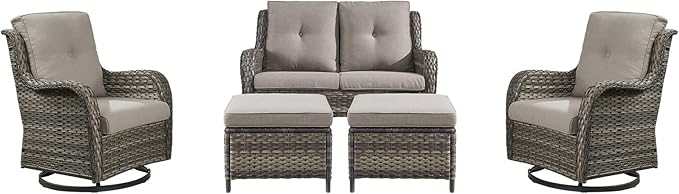 Rilyson 5 Piece Outdoor Patio Furniture Set - Rattan Wicker Patio Conversation Sets with 2 Swivel Rocker Chairs,2 Ottomans and 1 Loveseat for Outside Porch Deck Backyard(Mixed Grey/Grey)
