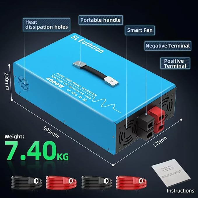 4000W Pure Sine Wave Power Inverter Voice Control AI Voice Assistant Support English 12V to 120V 60HZ with LCD Display, USB Port, for Car Home Laptop Truck