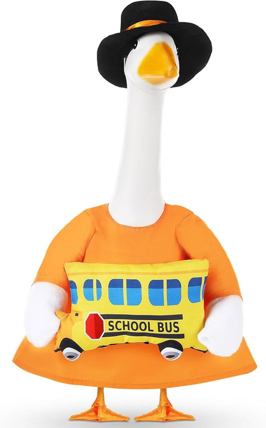 2 Pcs Porch Goose Outfit Halloween Geese Crayon Bus Teacher Cosplay Clothes for 23" Lawn Cement Goose Halloween Garden Patio Yard Outdoor Decorations(School Bus)