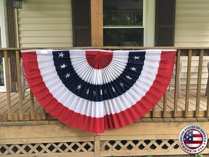 American Pleated Fan Flag Bunting. 3 x 6 ft Embroidered Stars & Sewn Stripes USA Indoor/Outdoor Nylon Bunting Banner. Perfect for July 4th and America 250 events. 100% Made in America by Old Glory Bunting