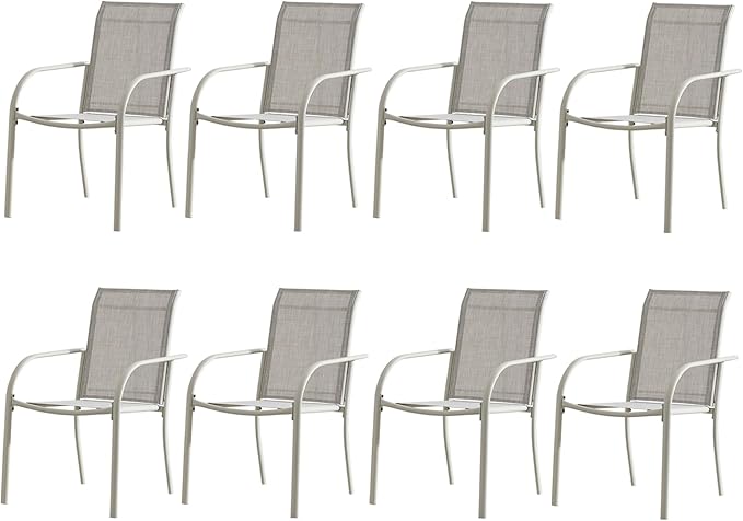 Outdoor Dining Chairs Set of 8, Stackable Patio Chairs with Textilene Fabric, Lightweight Garden Chairs for Poolside, Backyard, Camping, Grey