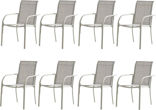Outdoor Dining Chairs Set of 8, Stackable Patio Chairs with Textilene Fabric, Lightweight Garden Chairs for Poolside, Backyard, Camping, Grey