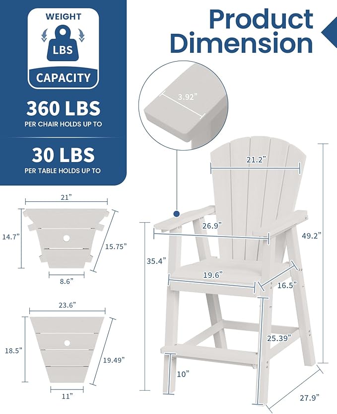 Ciokea Tall Adirondack Chairs Set of 2, HDPE Outdoor Adirondack Bar Stools with Double Connecting Tray, Weather Resistant High Back Adirondack Balcony Chairs for Deck, Lawn, Pool, Backyard, White
