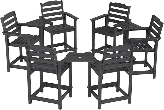 OTSUN Tall Adirondack Chairs Set of 6 with Connecting Tray, 24 inches HDPE Bar Height Outdoor Chairs, All Weather Resistant for Balcony, Porch, Kitchen (6 PCS, Black)