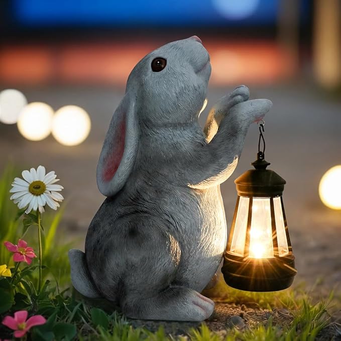 Solar Rabbit Garden Statues， Outdoor Bunny Figurines Decorations for Patio Yard Lawn Ornaments Christmas Housewarming Gift.
