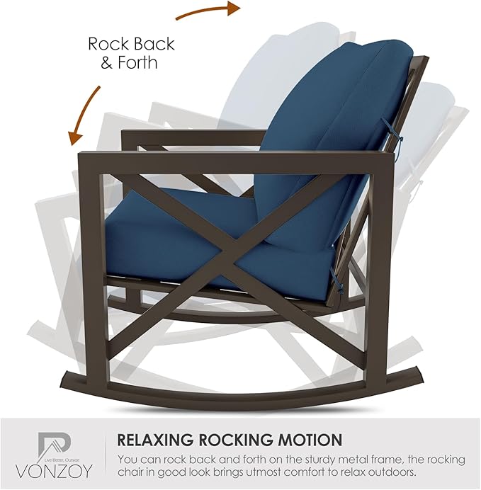 Outdoor Rocking Bistro Set, Patio Rocking Chairs Set of 2 with Coffee Table, 3 Pieces Metal Conversation Sets with 6.5" Thick Cushions for Backyard, Porch, Poolside, Oversized (Blue)