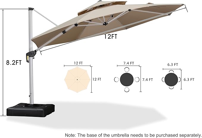PURPLE LEAF 12 Feet Double Top Round Deluxe Patio Umbrella Offset Hanging Umbrella Outdoor Market Umbrella Garden Umbrella, Beige