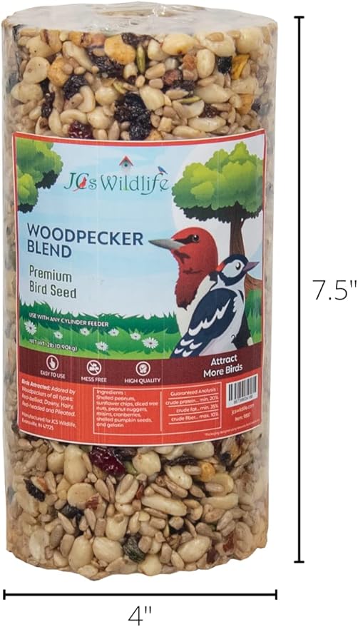 JCs Wildlife Woodpecker Blend Premium Bird Seed 2 lb Small Cylinder with Hole (4 Cylinders)