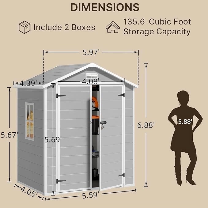 Gizoon 6x4.4 FT Outdoor Resin Storage Shed with Floor & Lockable Door - All-Weather Plastic Tool Shed, Double-Wall Design Perfect to Store Patio Furniture, Garden Equipment, Seasonal Items (Grey)