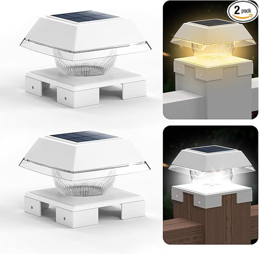 INDARUN Post Lights Solar Powered, Fence Deck Post Solar Lights Fit 4x4 5x5 6x6 Wood Posts/Vinyl 4x4 Post Caps, Outdoor Post Lights with 2 Colors Modes, 120Lumen, for Patio/Porch/Backyard Decor