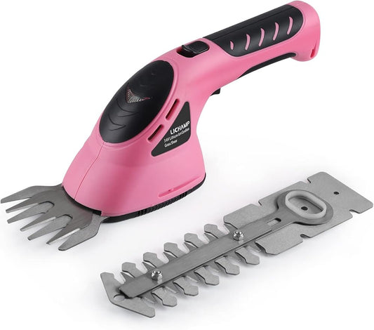 Lichamp 2-in-1 Electric Hand Held Grass Shear Pink Hedge Trimmer Shrubbery Clipper Cordless Battery Powered Rechargeable for Garden and Lawn, CGS3602PK Pink