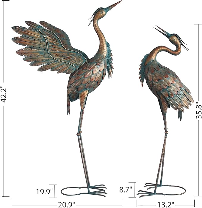 Metal Heron Yard Art, Standing Garden Sculptures & Statues for Outdoor Decor, 38-42 Inch Set of 2, Copper