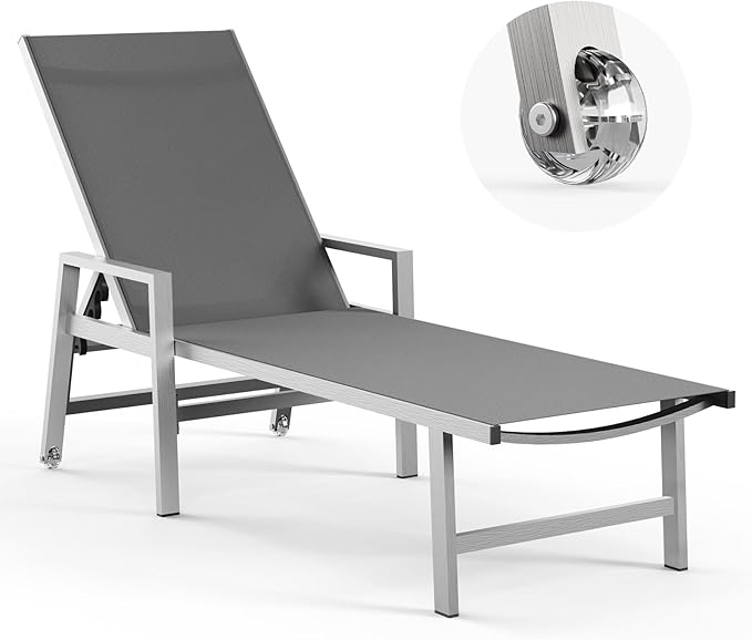 Patio Chaise Lounge Chair Outdoor with Wheels&Armrests, Aluminum Pool Lounge Chairs 5-Position Adjustable Recliner, Outdoor Beach Lounge Chairs for Poolside, Patio, Deck, Yard, Dark Gray